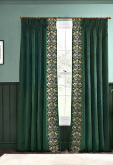 Strawberry Thief Embroidery Pencil Pleat, Forest Green - Ready Made Curtains